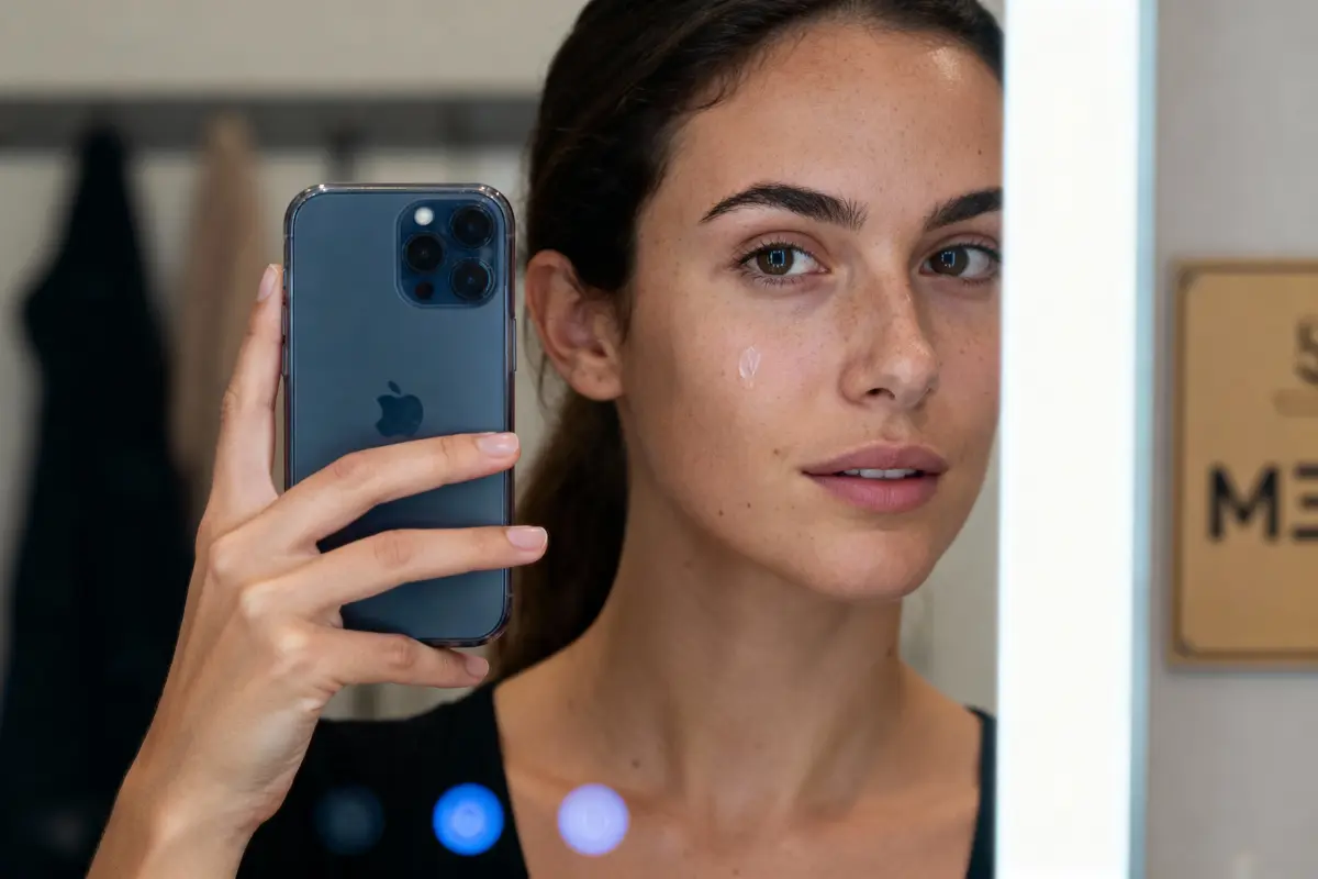 pexels-michal-pech-213601-757318 (1) Femme prenant un selfie avec un smartphone dans un miroir, portant une petite goutte sur sa joue.