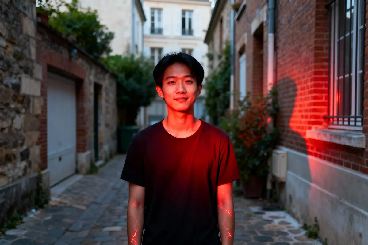 pexels-michal-pech-213601-757318 (1) Jeune homme souriant dans une ruelle avec éclairage rouge, fond de bâtiments en pierre.