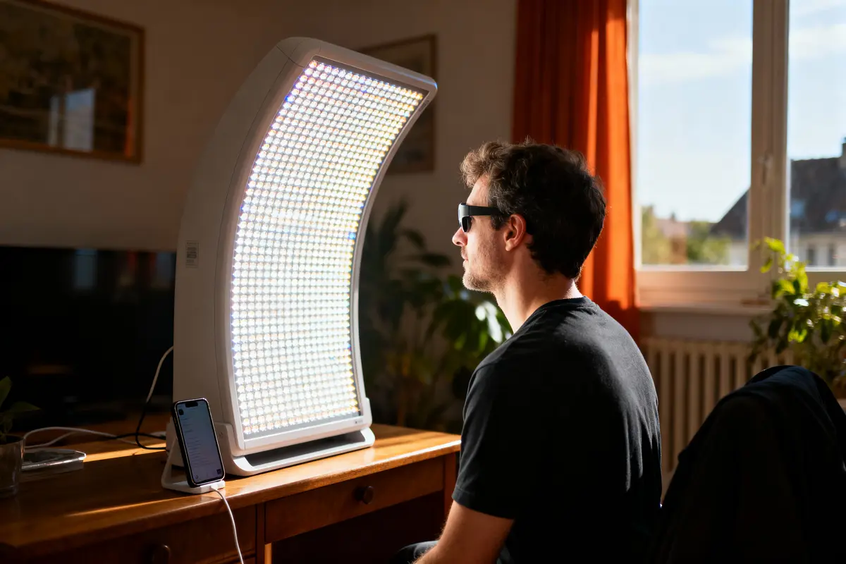 Personne assise portant des lunettes noires devant une grande lampe à LED sur un bureau en bois.