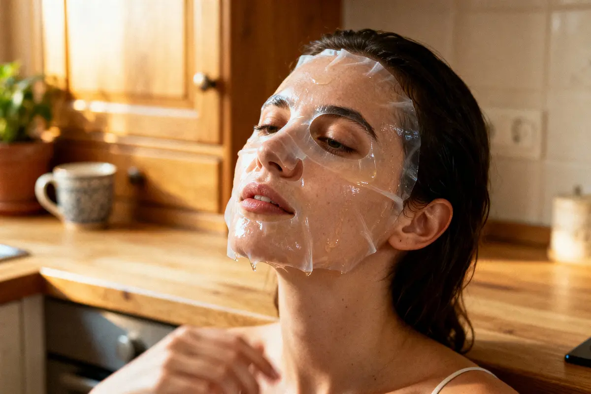 pexels-michal-pech-213601-757318 (1) Femme avec masque facial transparent dans cuisine ensoleillée, tasse et plante en arrière-plan.