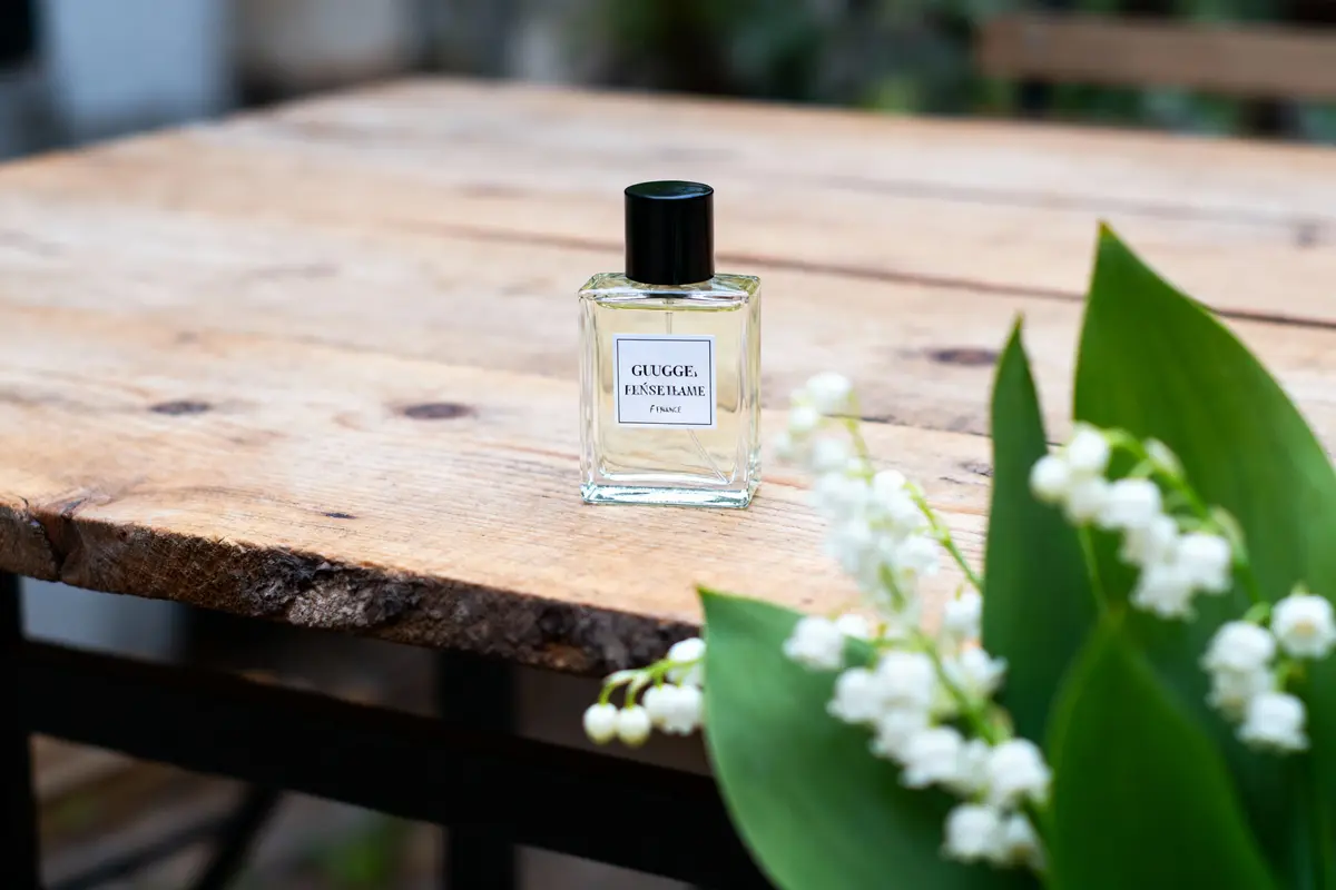 pexels-michal-pech-213601-757318 (1) Parfum sur table en bois avec brin de muguet flou au premier plan.