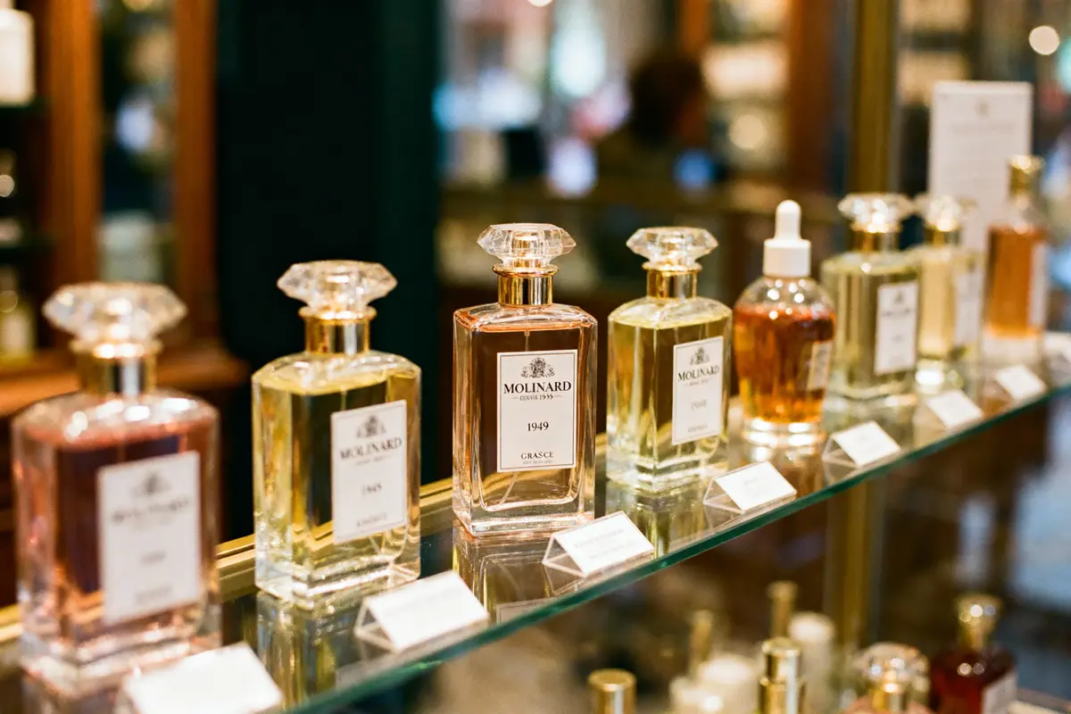 pexels-michal-pech-213601-757318 (1) Flacons de parfum Molinard exposés sur une étagère en verre dans une parfumerie élégante.
