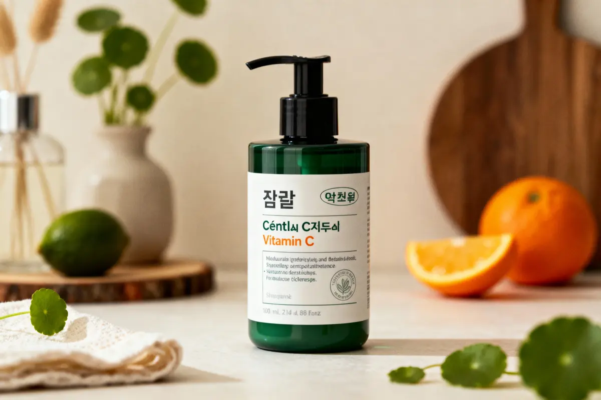 pexels-michal-pech-213601-757318 (1) Bouteille de produit cosmétique Vitamine C sur table, autour plantes et agrumes. Ambiance naturelle et épurée.