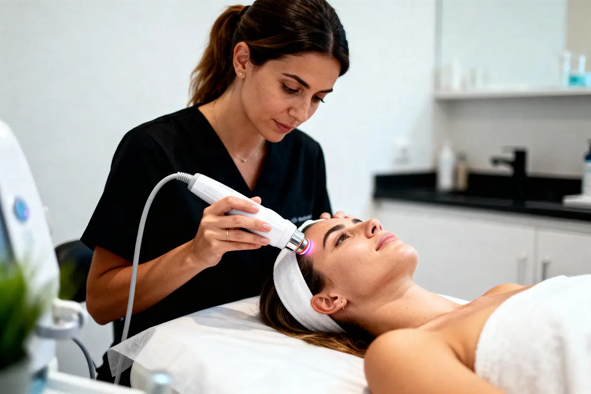 pexels-michal-pech-213601-757318 (1) Esthéticienne effectuant traitement visage avec appareil sur cliente allongée, portant un bandeau, dans un spa.