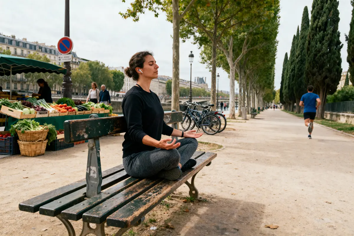 pexels-michal-pech-213601-757318 (1) Une femme médite sur un banc près de stands de fruits et légumes, bordant une allée arborée.