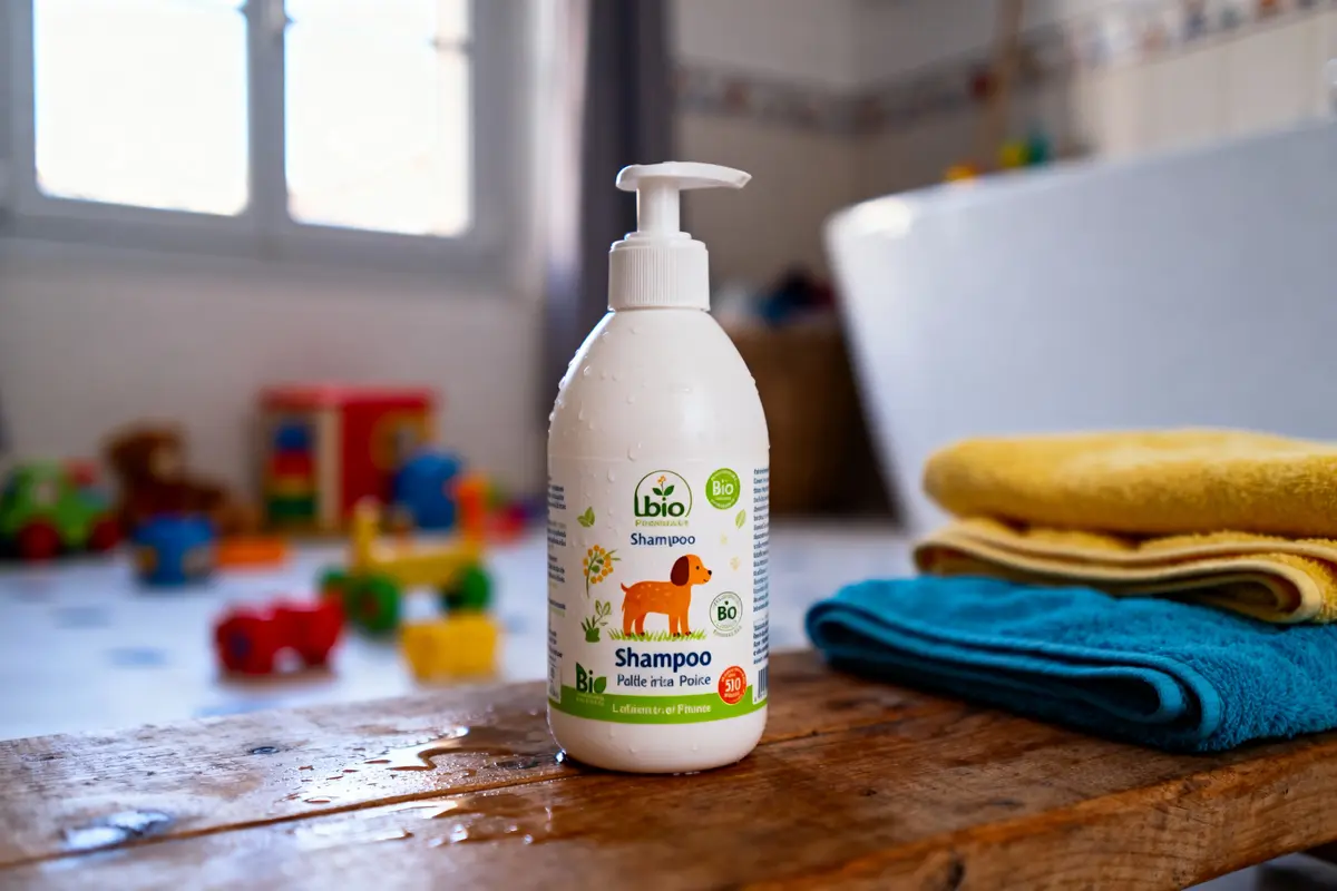 Bouteille de shampooing bio pour animaux sur une table, serviettes et jouets flous en arrière-plan.