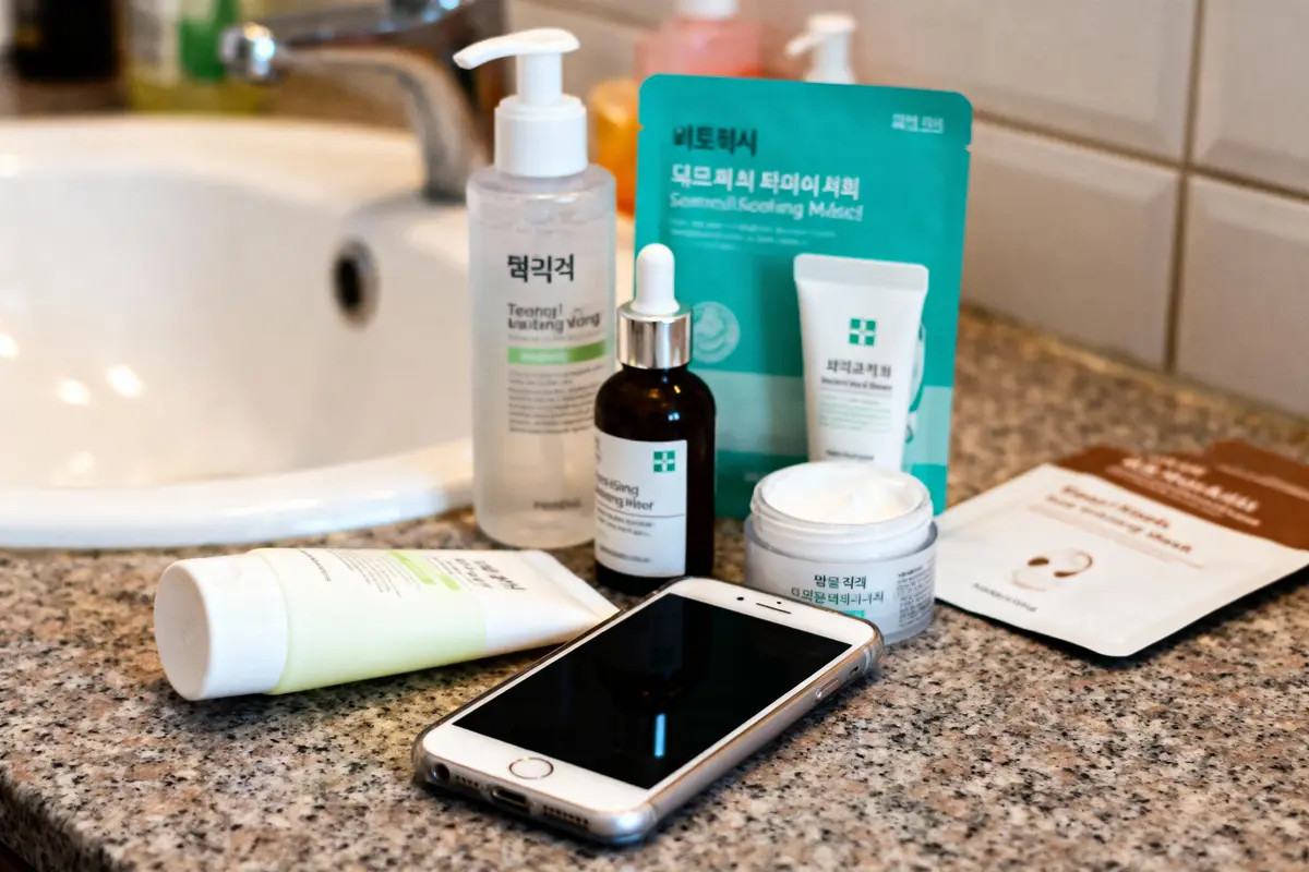 Produits de soin pour le visage et smartphone posés sur un lavabo de salle de bain.