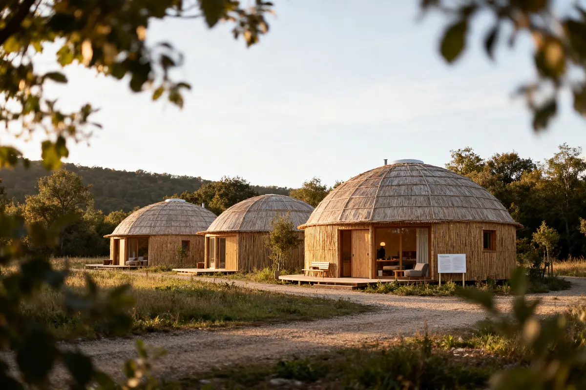 pexels-michal-pech-213601-757318 (1) Trois cabanes rondes en bois dans un paysage de campagne, entourées d'arbres et baignées de lumière douce.