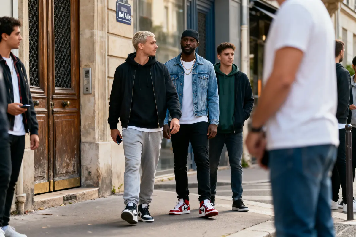 pexels-michal-pech-213601-757318 (1) Groupe d'hommes marchant en ville, vêtus de vêtements décontractés, sneakers visibles, à côté d'un bâtiment ancien.