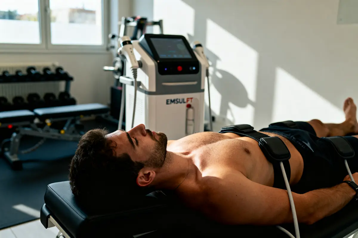 pexels-michal-pech-213601-757318 (1) Homme torse nu allongé sur table, appareil EMSculpt proche, salle de sport en arrière-plan.
