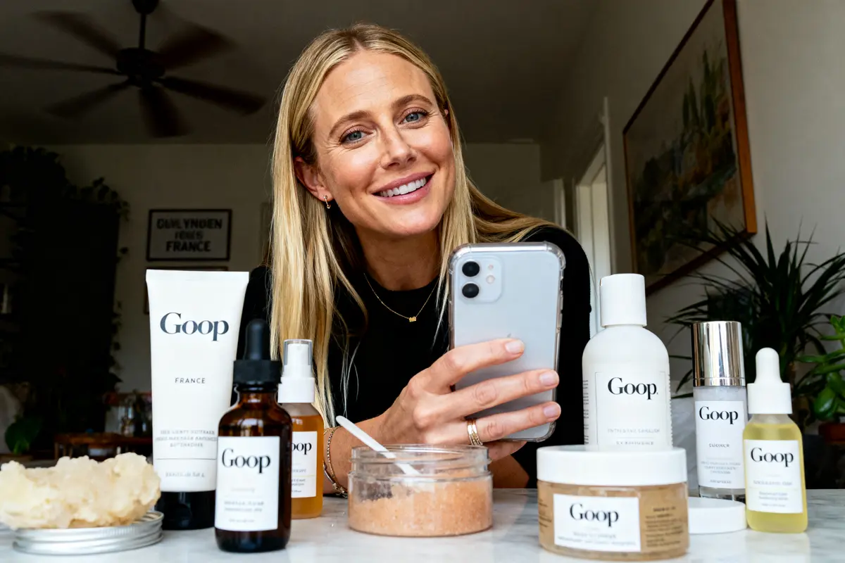 pexels-michal-pech-213601-757318 (1) Femme souriante prenant selfie avec téléphone, entourée de produits de beauté Goop sur une table blanche.