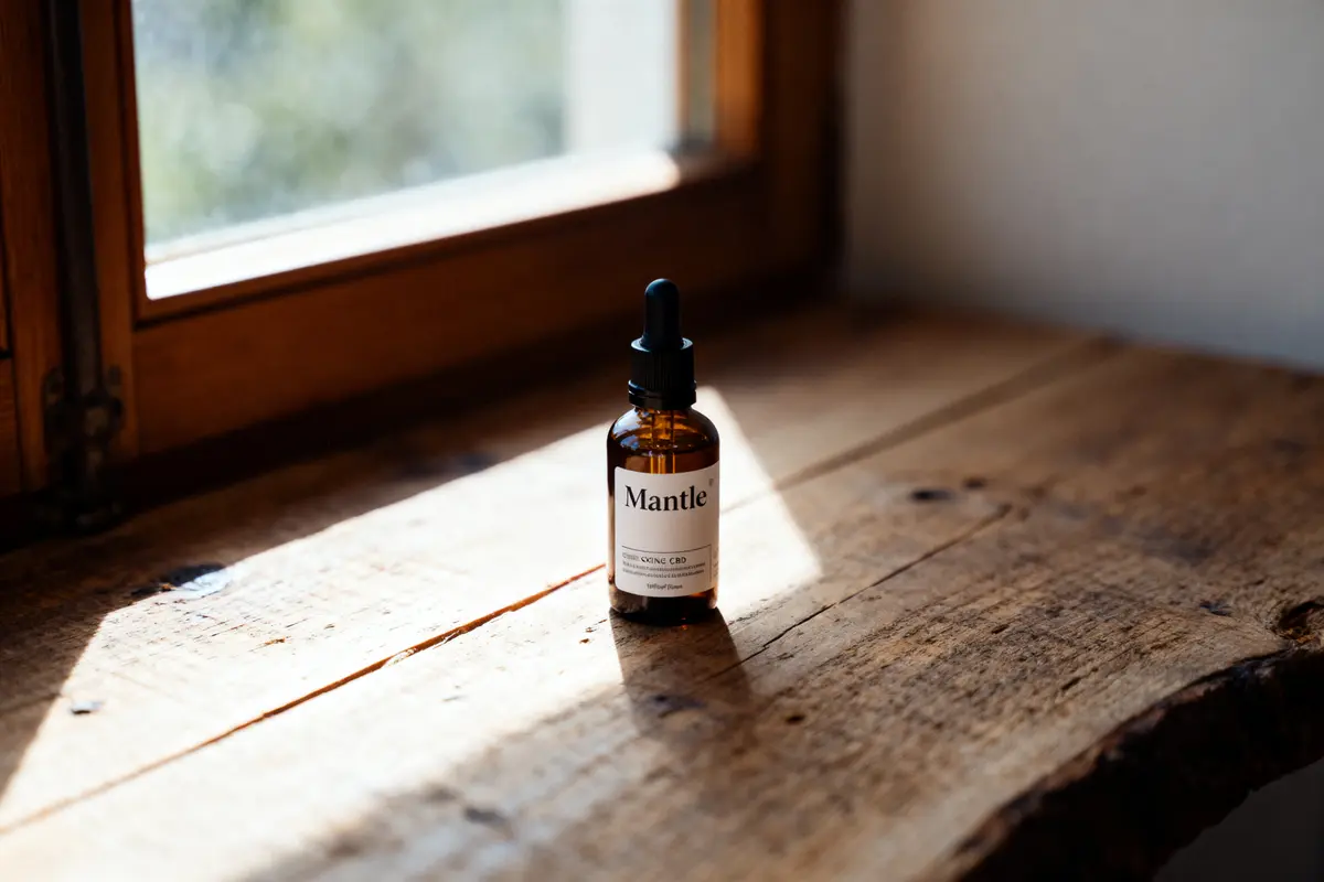 Bouteille de CBD "Mantle" sur une table en bois près d'une fenêtre ensoleillée.