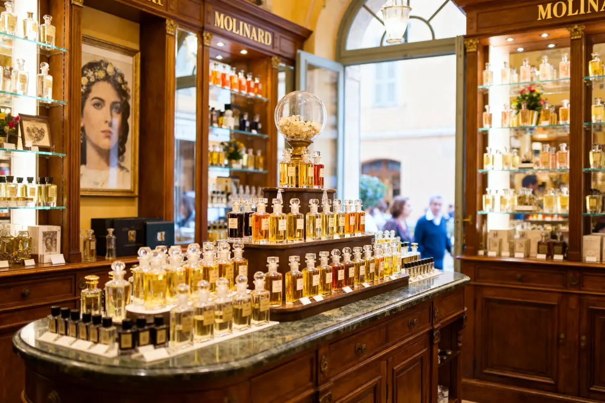 pexels-michal-pech-213601-757318 (1) Boutique de parfumerie luxueuse Molinard avec flacons de parfums colorés et décoration élégante. Portes ouvertes sur l'extérieur.