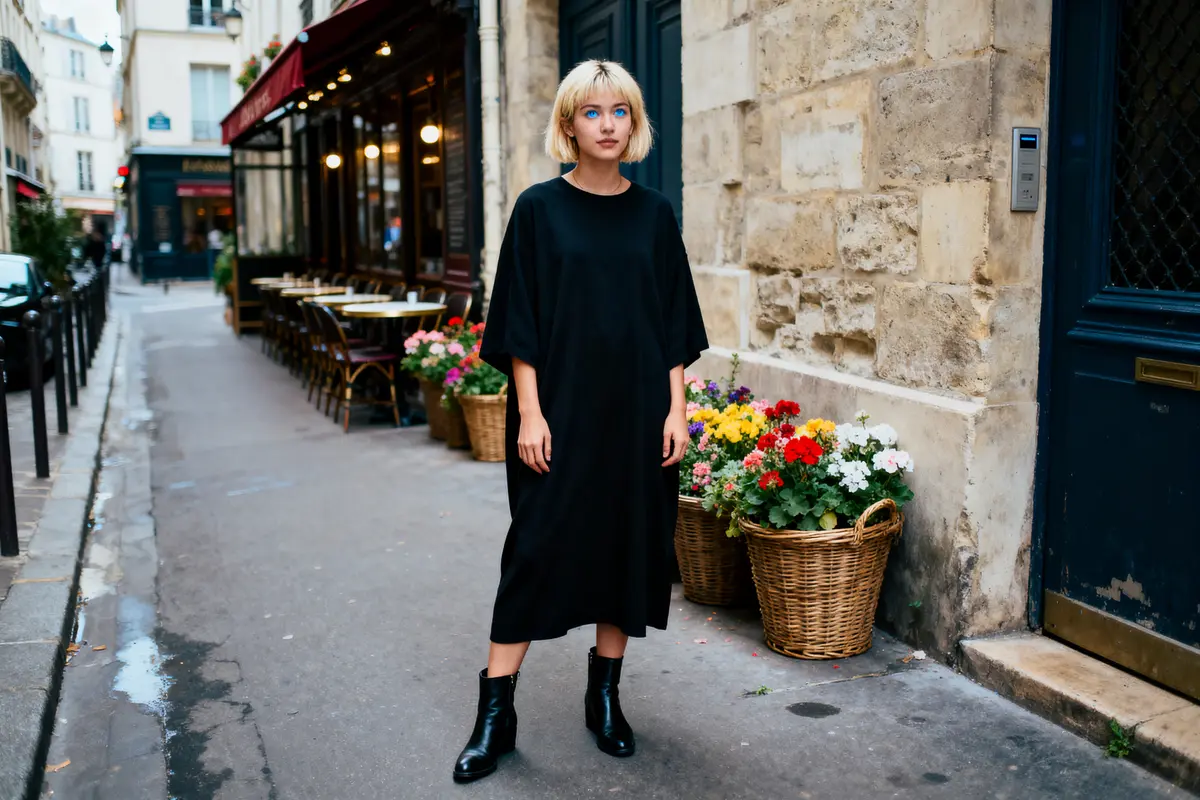 pexels-michal-pech-213601-757318 (1) Femme debout dans une rue parisienne, portant robe noire, bottines, entourée de fleurs en paniers.