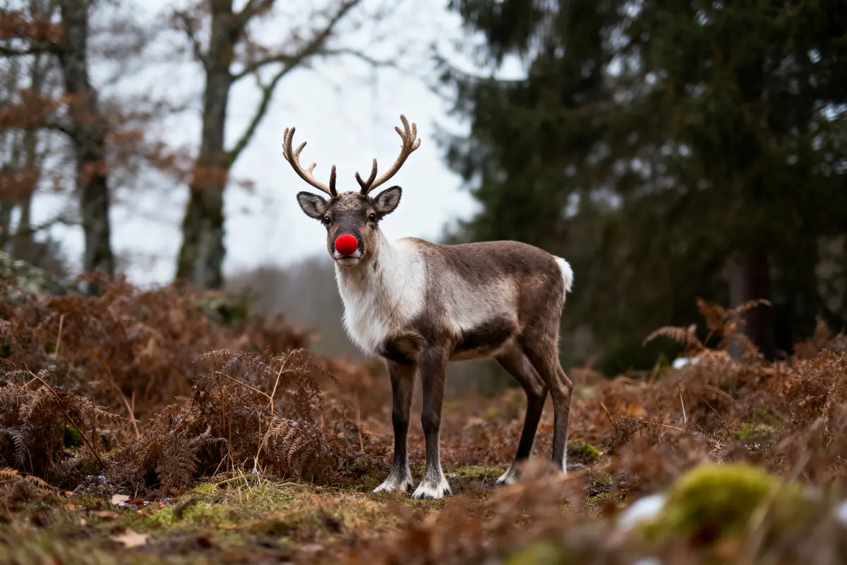 Renne avec nez rouge lumineux, se tenant dans une forêt automnale, végétation brune, arbres flous en arrière-plan.