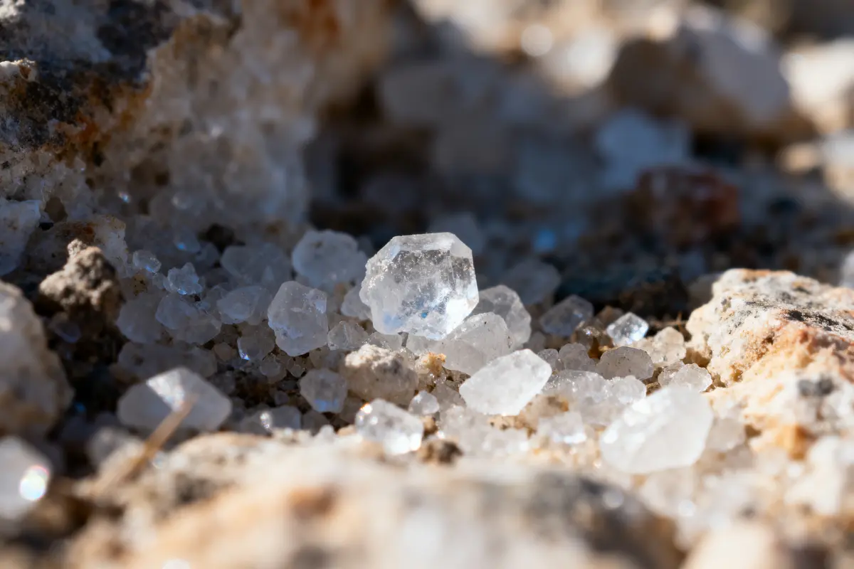 Cristaux de sel brillants disposés sur un sol rocheux éclairé par la lumière naturelle.