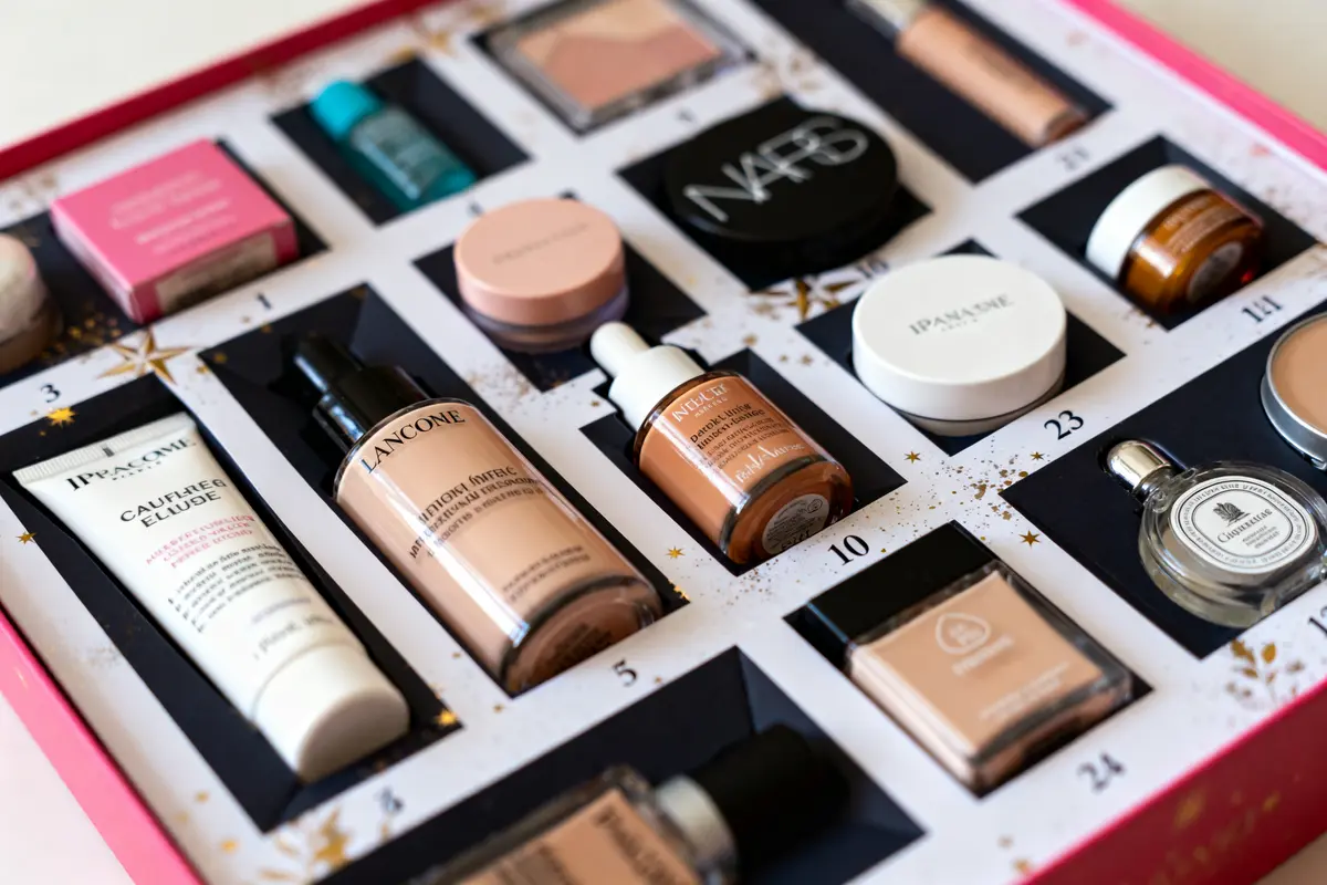 Calendrier de l'Avent avec produits de beauté, incluant crèmes, maquillage et sérums, disposés dans un coffret numéroté.
