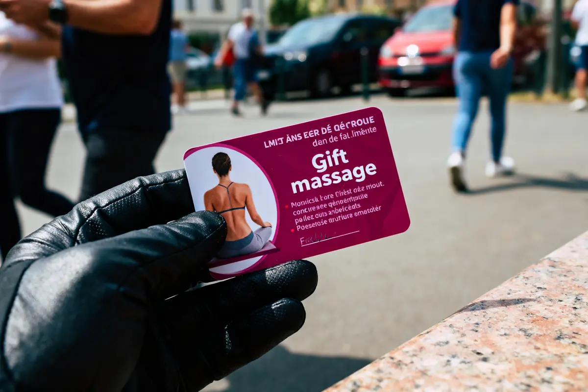 pexels-michal-pech-213601-757318 (1) Main gantée tenant une carte de massage cadeau, arriÚre-plan urbain flou avec passants.