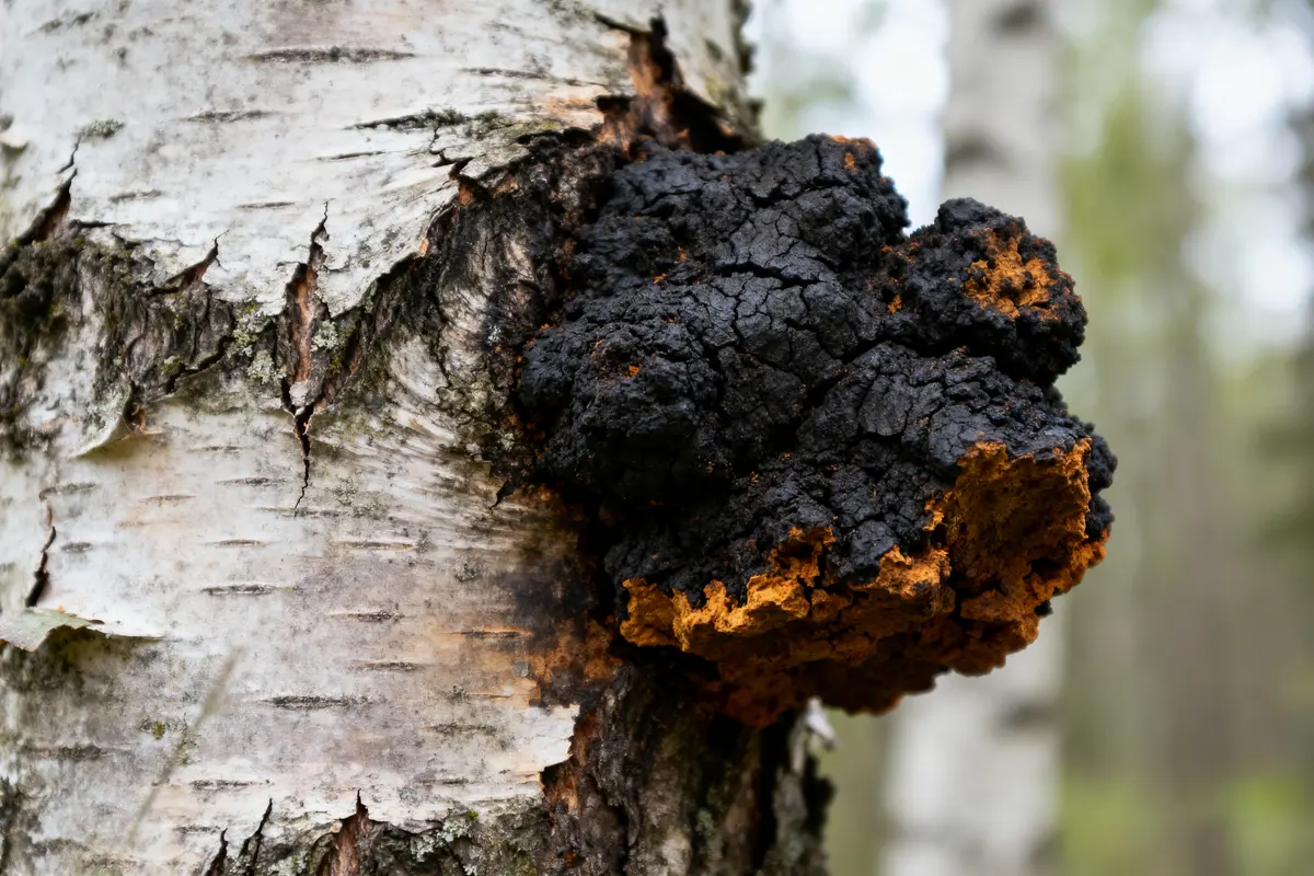 pexels-michal-pech-213601-757318 (1) Champignon chaga noir et orange sur tronc de bouleau en forêt.