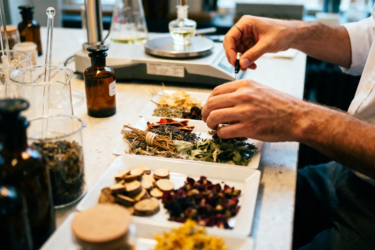 pexels-michal-pech-213601-757318 (1) Un homme mélange des plantes aromatiques sur une table avec des bocaux et des flacons en arrière-plan.