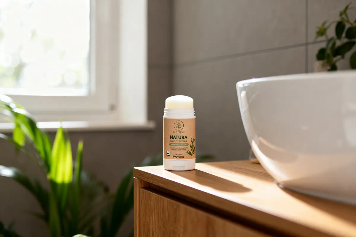 pexels-michal-pech-213601-757318 (1) Déodorant nature sur meuble en bois, lumière naturelle, plante verte en arrière-plan, salle de bain moderne.