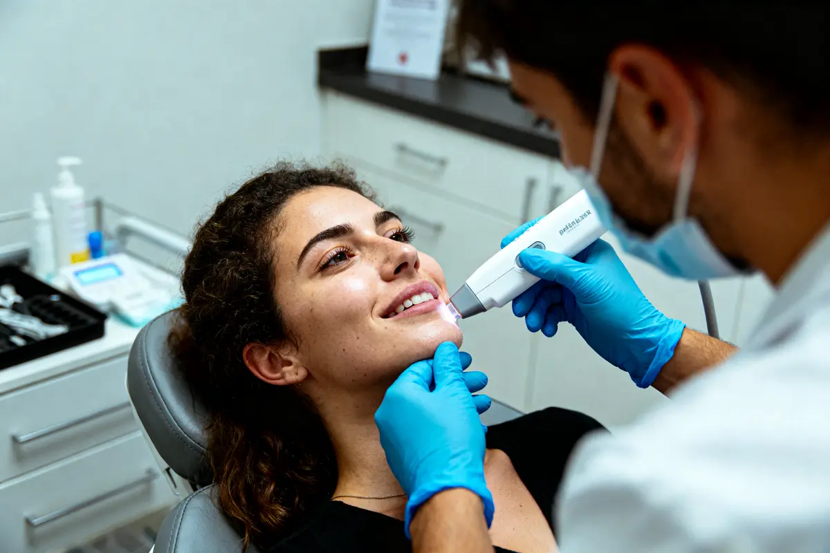 pexels-michal-pech-213601-757318 (1) Un dentiste examine une patiente souriante avec un appareil médical dans un cabinet.