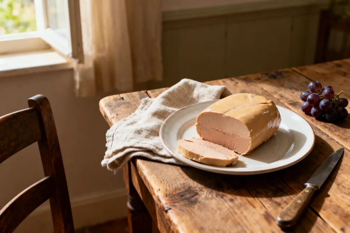 pexels-michal-pech-213601-757318 (1) Plat de foie gras tranché sur table en bois, serviette, raisin, couteau, lumière naturelle.