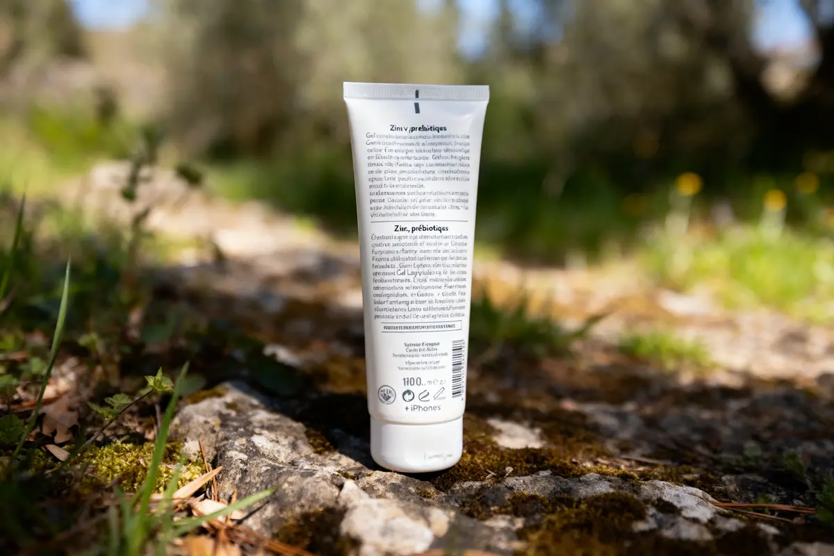 Tube de gel prébiotique posé sur un sol naturel, éclairé par la lumière du soleil.