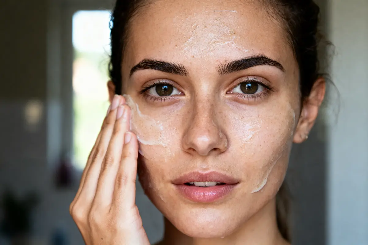 Femme appliquant soin du visage, gros plan, intérieur, lumière naturelle, fond flou.