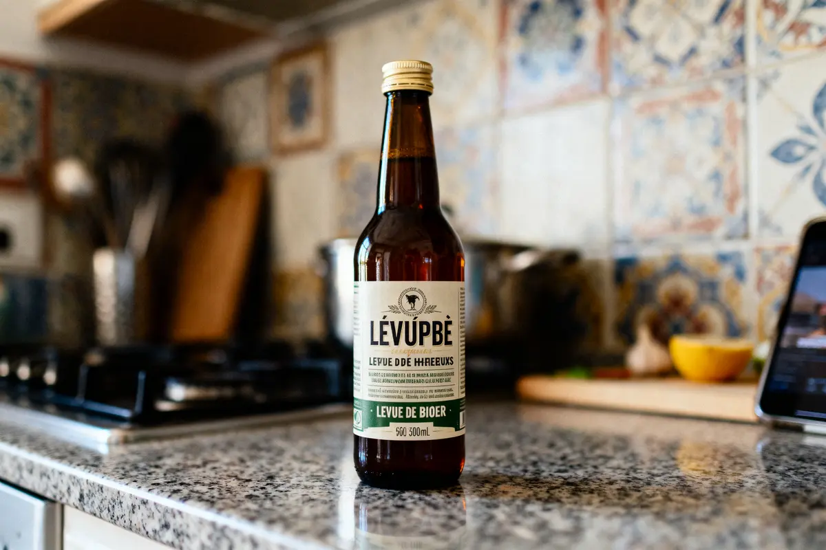 Bouteille de bière artisanale sur un plan de travail de cuisine en marbre, décor carrelé en arrière-plan.