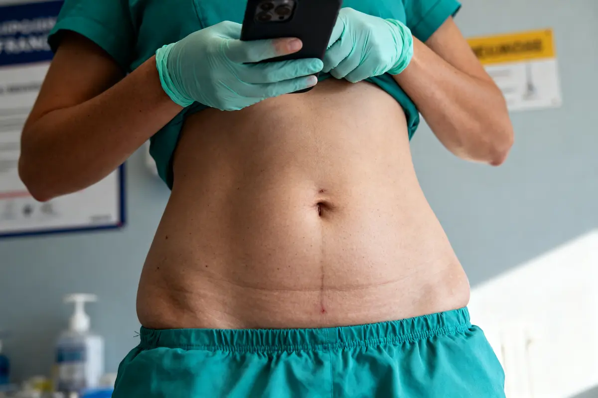pexels-michal-pech-213601-757318 (1) Personne en tenue médicale, montre un ventre avec cicatrice, tenant un téléphone portable, gants verts.