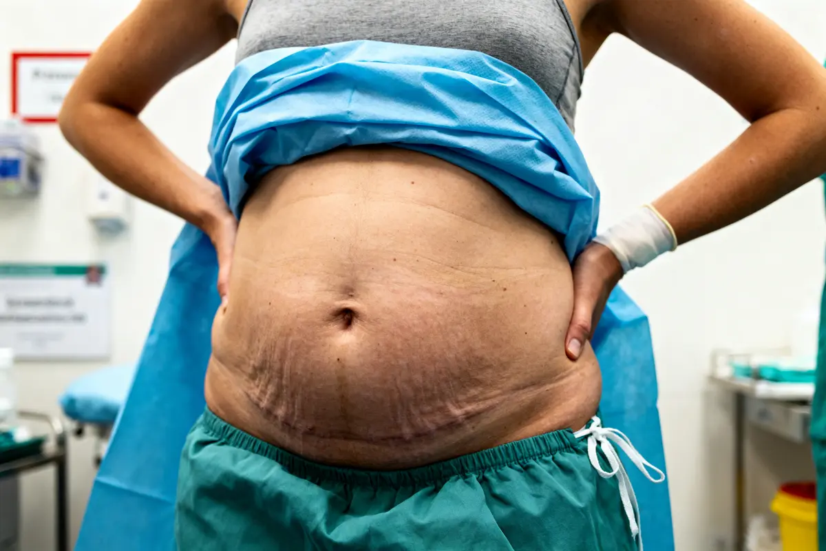 Personne enceinte en tenue hospitalière, tenant son ventre, dans une salle médicale, prête pour une intervention.