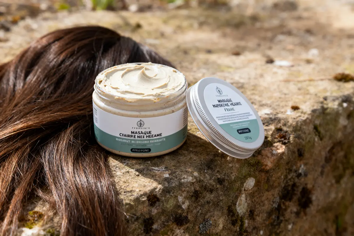 pexels-michal-pech-213601-757318 (1) Pot de masque capillaire ouvert posé sur roche, cheveux bruns en arrière-plan, sous la lumière naturelle.