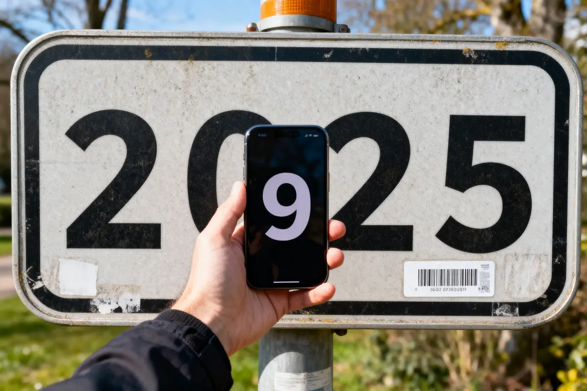 pexels-michal-pech-213601-757318 (1) Main tenant un téléphone montrant le chiffre 9 devant un panneau indiquant 2025.