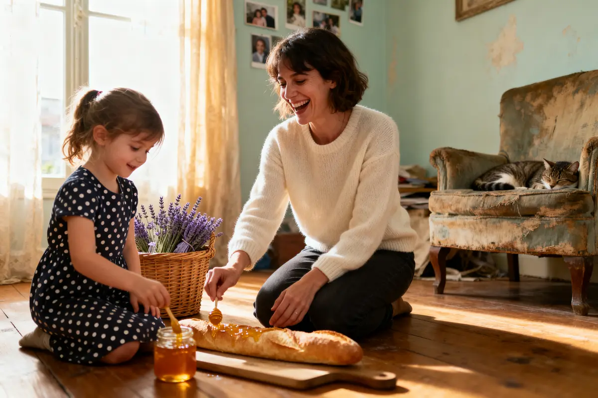 pexels-michal-pech-213601-757318 (1) Une femme et une fille souriantes mettent du miel sur du pain, chat dormant sur un fauteuil.
