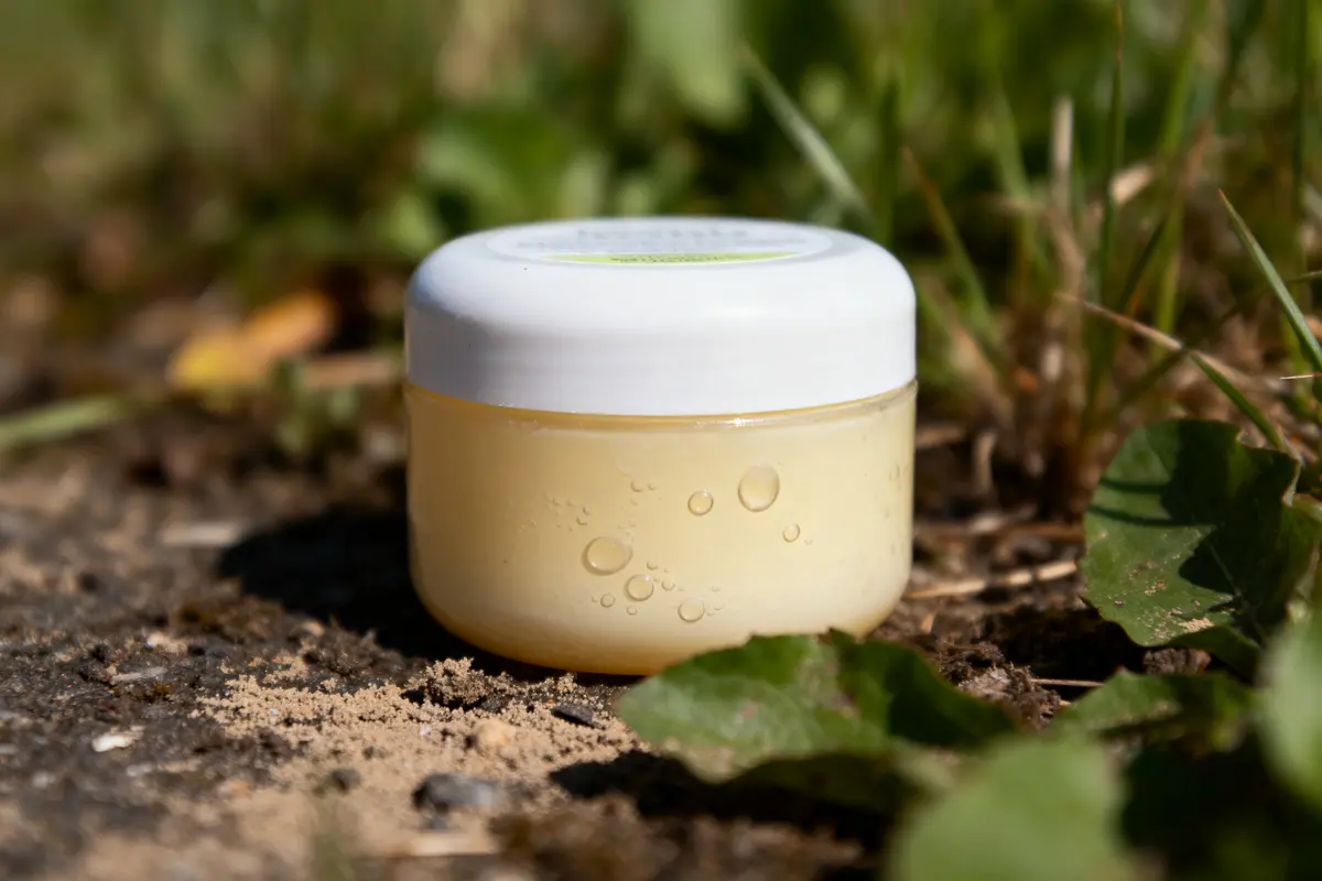 pexels-michal-pech-213601-757318 (1) Pot de crème transparent avec couvercle blanc, posé sur sol extérieur parmi feuilles vertes et herbe.