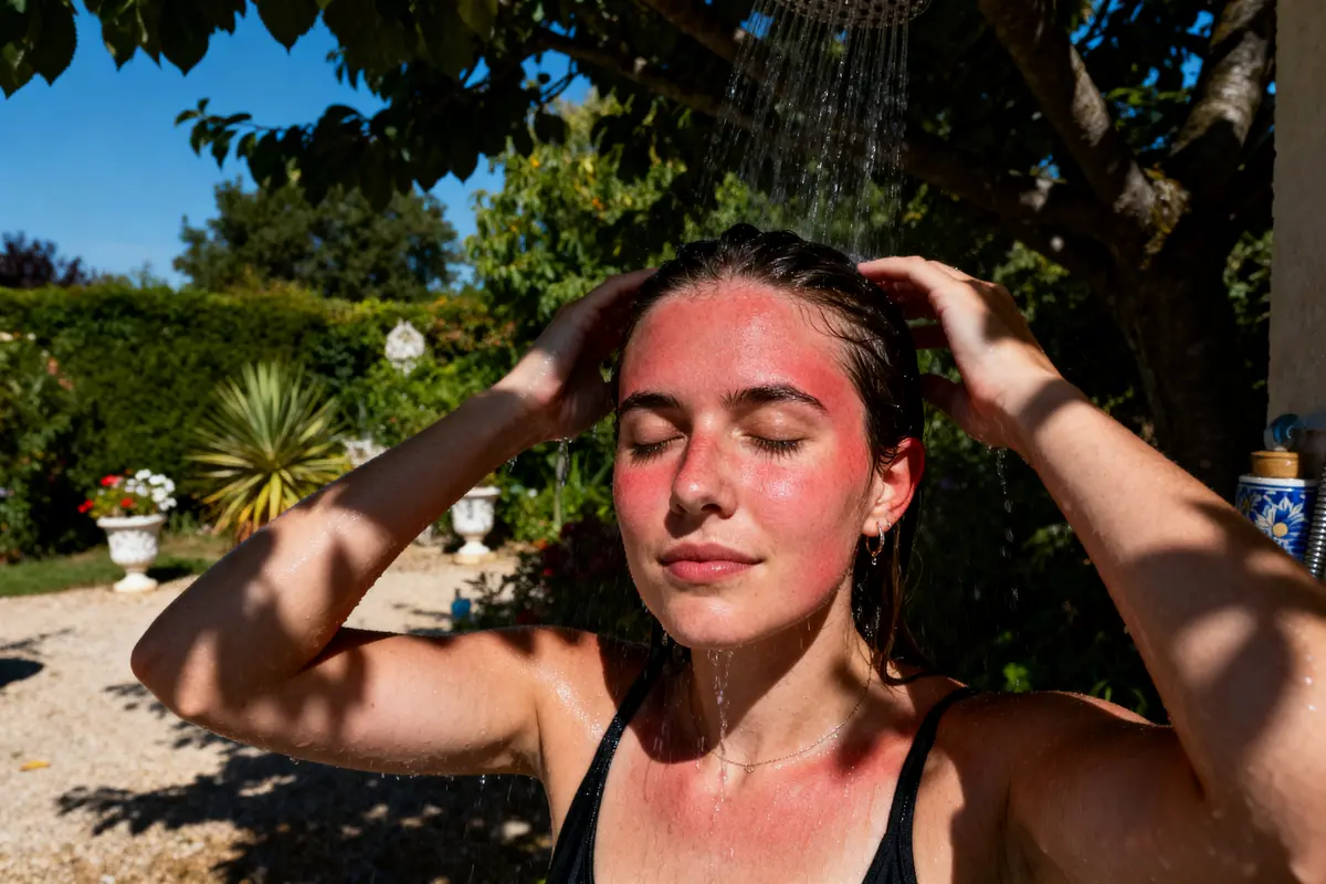 pexels-michal-pech-213601-757318 (1) Femme se rafraîchissant sous une douche extérieure, soleil, jardin verdoyant, visage détendu, haut noir.
