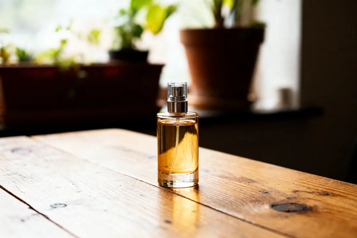 pexels-michal-pech-213601-757318 (1) Bouteille de parfum sur table en bois, plantes en arrière-plan flou.