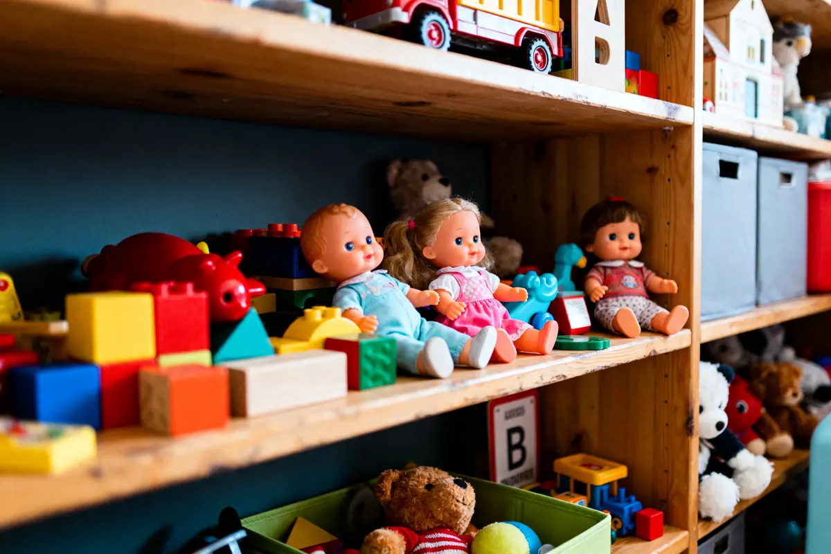 pexels-michal-pech-213601-757318 (1) Étagère avec poupées, blocs colorés et jouets variés en bois. Ambiance ludique et colorée.