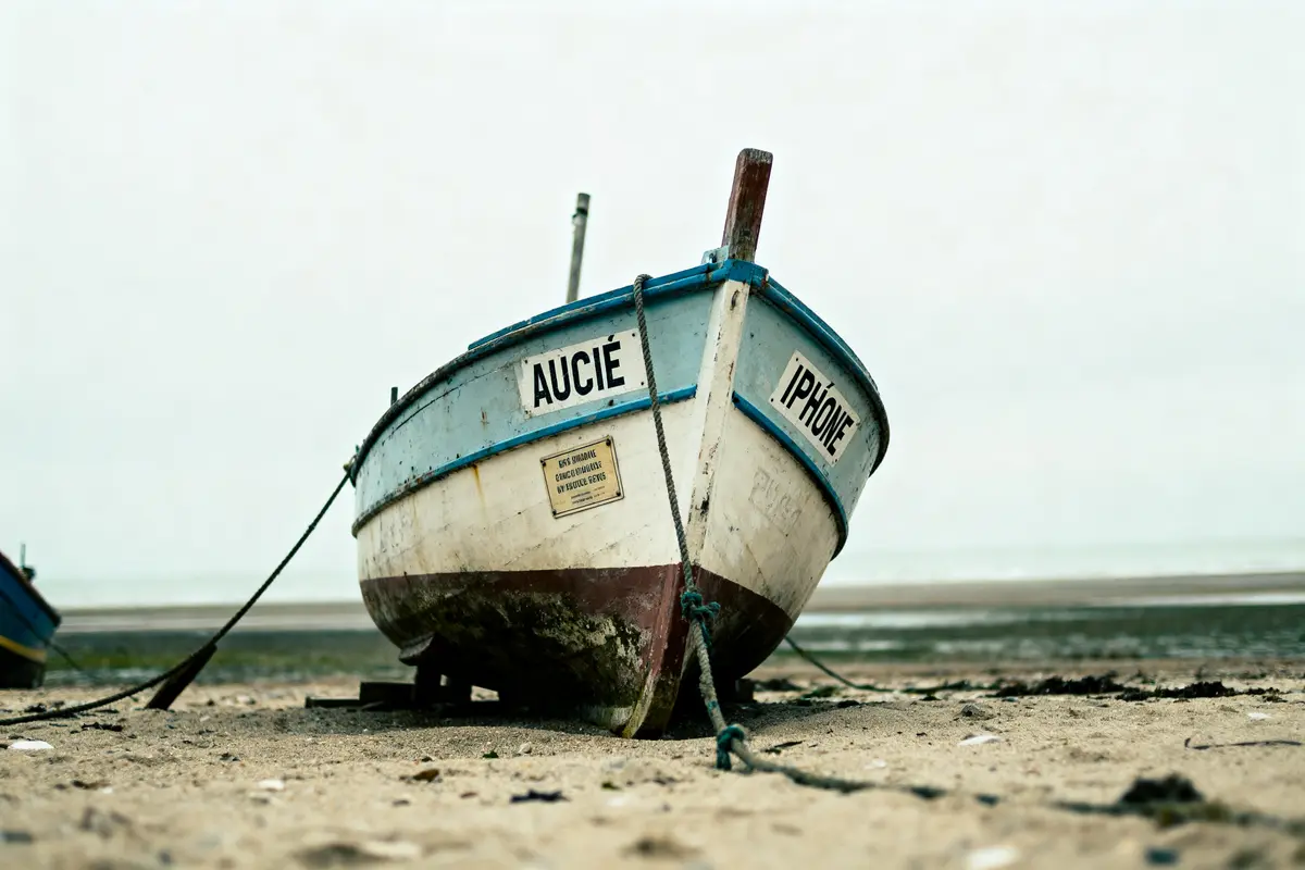 pexels-michal-pech-213601-757318 (1) Barque échouée sur le sable, étiquettes "Aucie" et "Iphône", ciel et plage en arrière-plan.