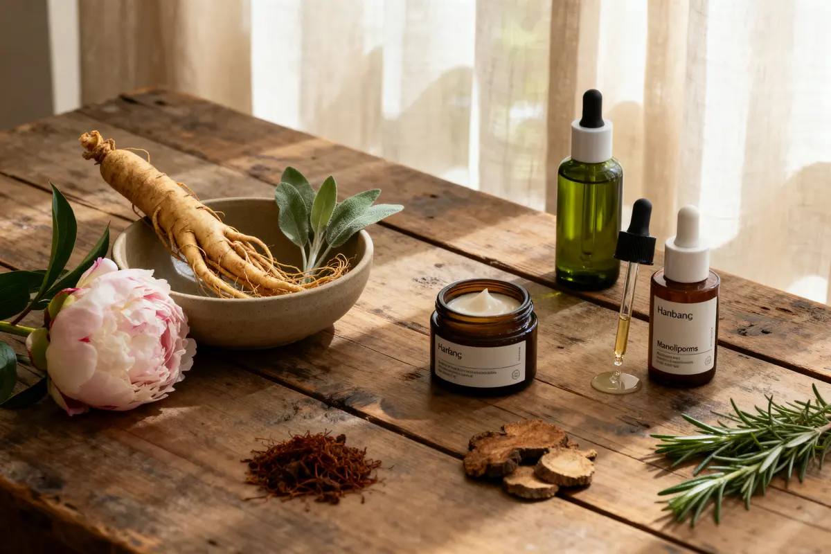 Produits cosmétiques naturels sur table en bois, avec ginseng, flacon, crème, fleurs, et plantes aromatiques.