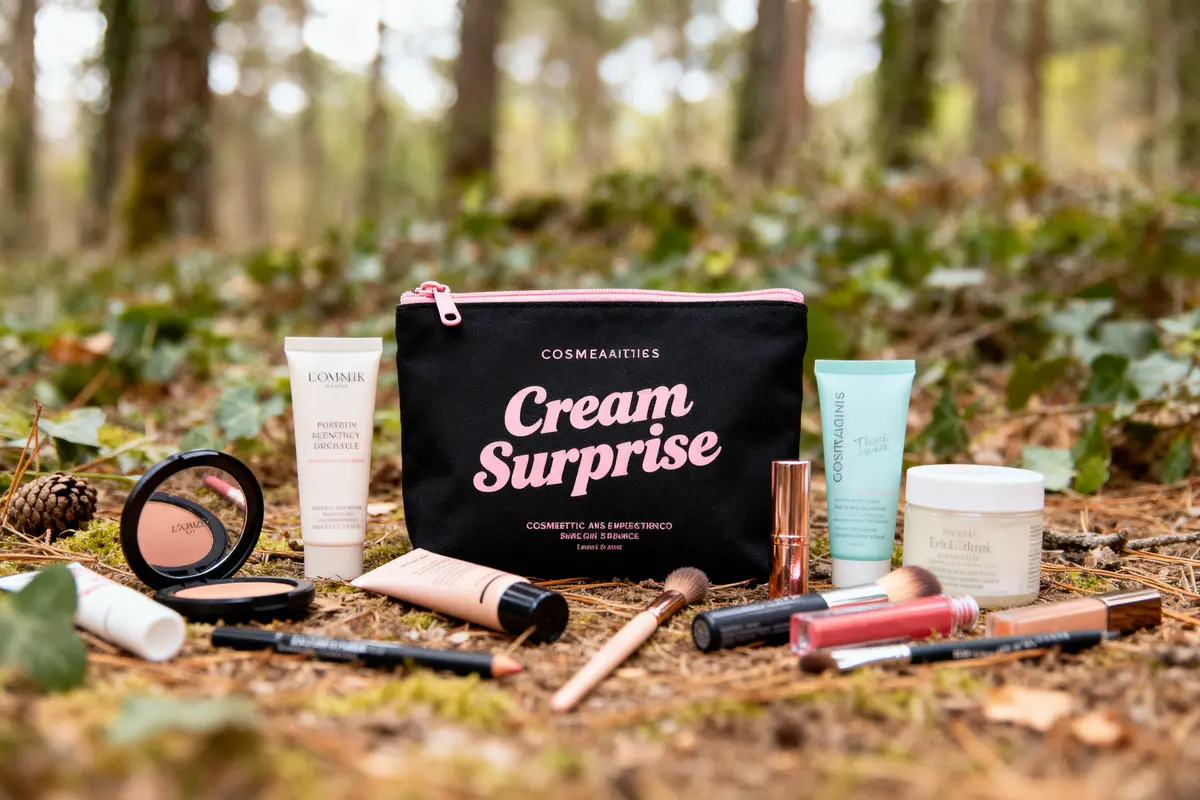 Trousse de maquillage et produits cosmétiques divers posés dans une forêt sur un sol couvert de feuilles.