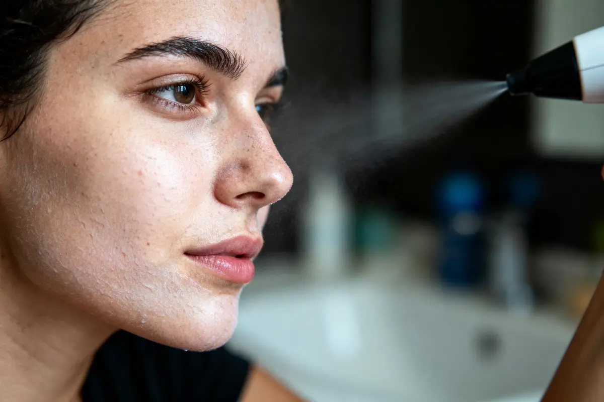 Femme vaporisant produit sur son visage pour hydratation cutanée, visage partiellement visible, arrière-plan flou.