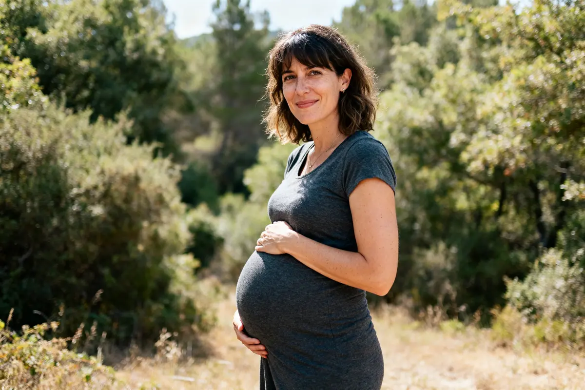 pexels-michal-pech-213601-757318 (1) Femme enceinte souriante en robe grise, debout dans la nature, tenant son ventre.