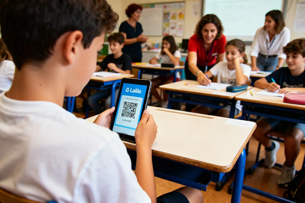 Enfant utilisant une tablette en classe, enseignants et élèves travaillant ensemble, ambiance d'apprentissage collaboratif.