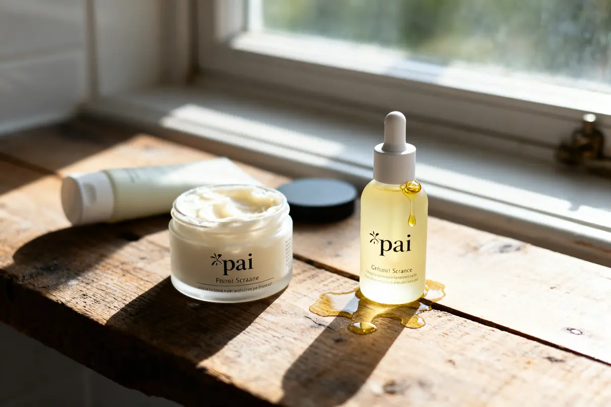 pexels-michal-pech-213601-757318 (1) Deux produits de soin Pai sur une table en bois, éclairés par la lumière naturelle.