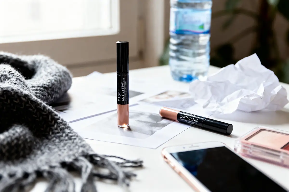 pexels-michal-pech-213601-757318 (1) Produits cosmétiques sur bureau, avec écharpe, téléphone, bouteille d'eau et papier froissé à côté.