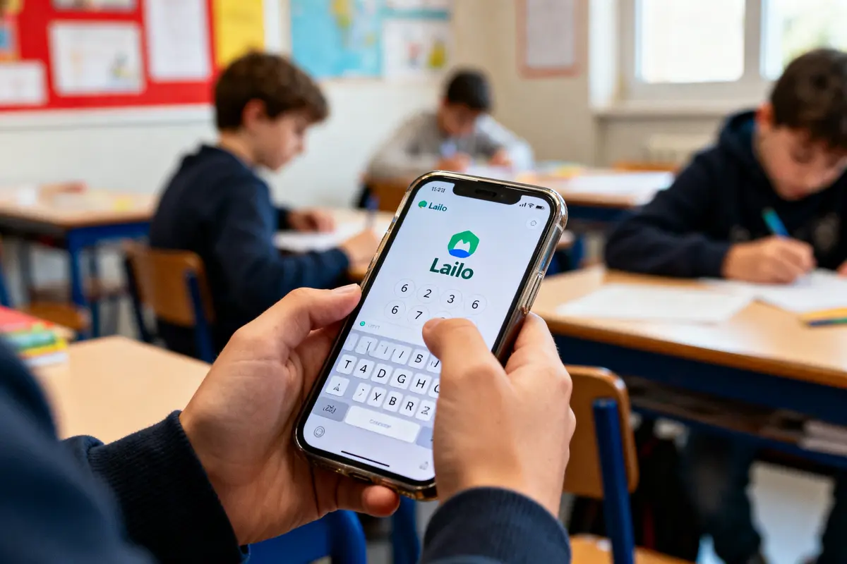 pexels-michal-pech-213601-757318 (1) Personne utilisant un téléphone avec application "Lailo" dans une classe, élèves en arrière-plan.