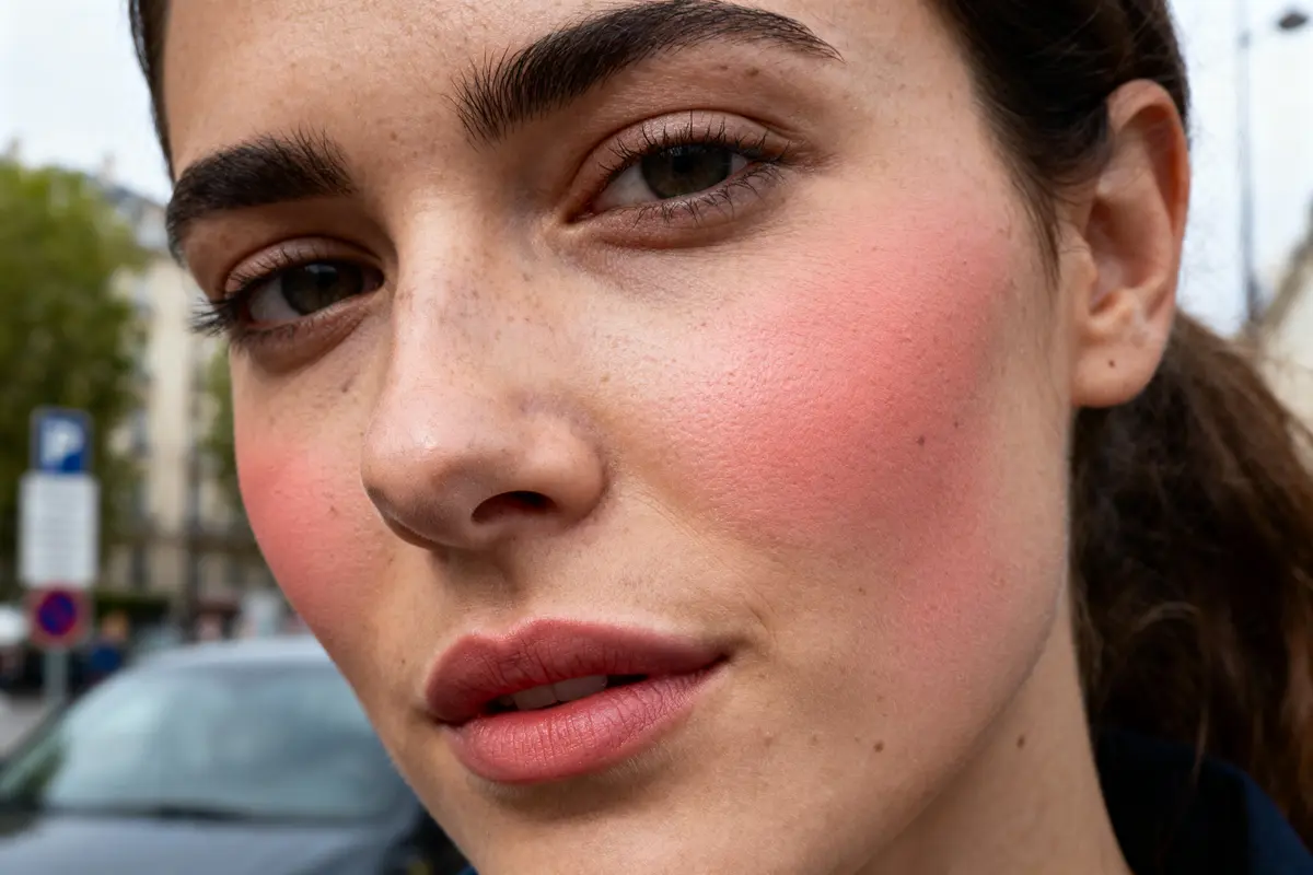 pexels-michal-pech-213601-757318 (1) Gros plan d'un visage de femme avec maquillage rose, rues floues en arrière-plan.