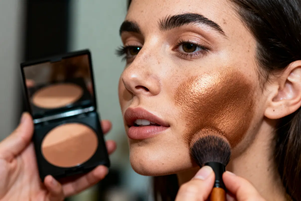 pexels-michal-pech-213601-757318 (1) Personne appliquant du fard à joues doré avec un pinceau, miroir de maquillage à la main.